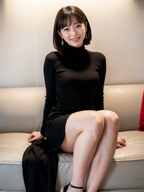 (RAW Photos:1.2), (Realistic:1.4),Beautiful detailed woman,非常にfine grainと顔, fine grain, Very detailed,High resolution, Highest quality,8k wallpaper,masterpiece,Highest quality,1 female,alone,rich,Whole Body Ezbian,(A little thick:0.9),Toned figure,,Tight waist,alone,(Black High Neck Knit Dress,slit,High heels),Gold earrings,Bobcut,A kind smile,A dignified atmosphere,black eye,Realistic,sofa、Cherry Blossom