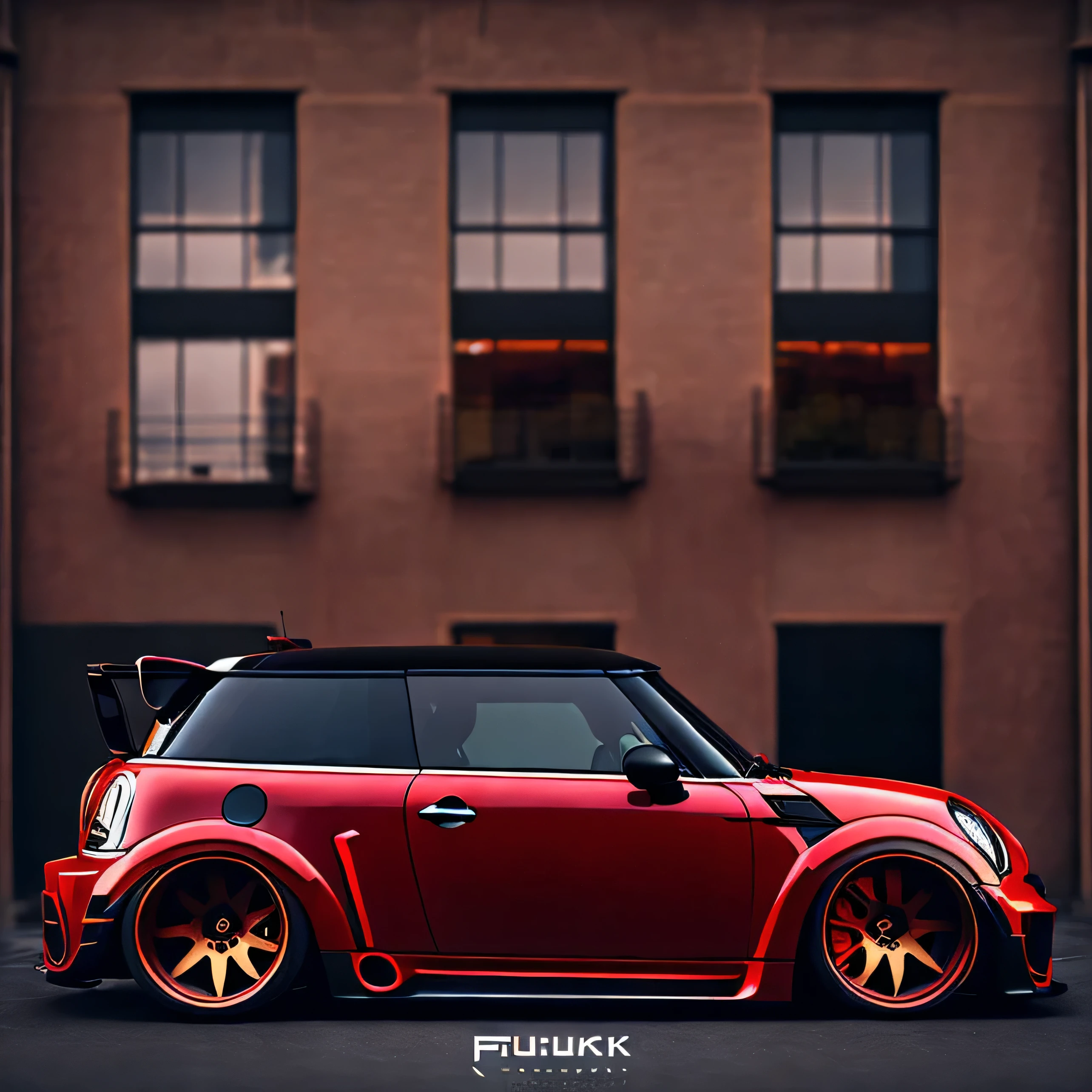 rear profile shot F56 Mini Cooper S red and black colour scheme, ((carbon fibre, Liberty walk ultra wide body kit)), aggressive stance ((background: racetrack, outside old industrial style building, large windows in background, bright sky, heavy industrial look, 8K quality, realistic, realism, sharp, detailed, ultrawide, ,epic ultra wide body kit, super low stance, aggressive looks , vector image