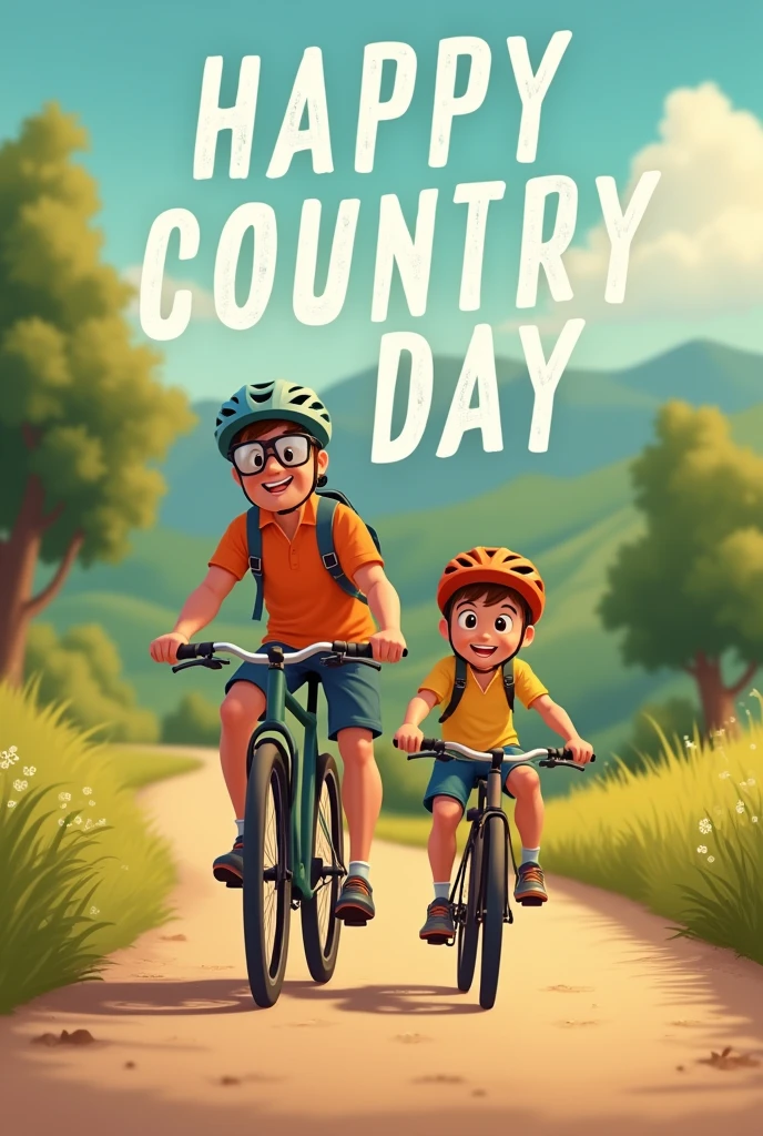 Father and son in clothes, cycling helmet and goggles riding a bike on a dirt road. With a phrase written &#39;HAPPY COUNTRY DAY&#39; phrase in Portuguese 