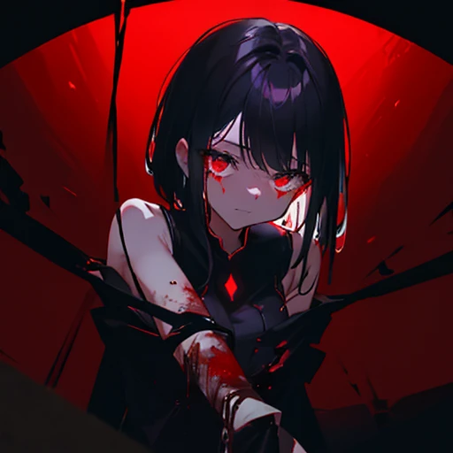 Dark Shadow of a Girl, Bloody, Being restrained、black and red background、is crying、Backlight、devastating, Dark Background、Like the end of the world, in love with viewer, "free me.",