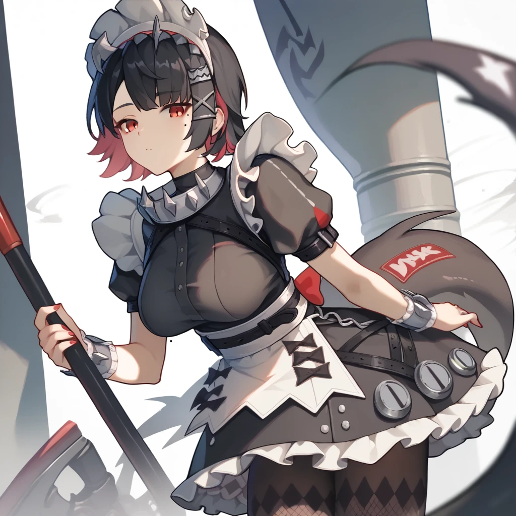 1 Girl,Allen_Joe,maid_headskirt,Black_skirt,wrist_cuff,fluffy_short_sleeve,mole_under_Eye,Large target_breast,Frilly_skirt,Black_Pantyhose,Moderate_breast