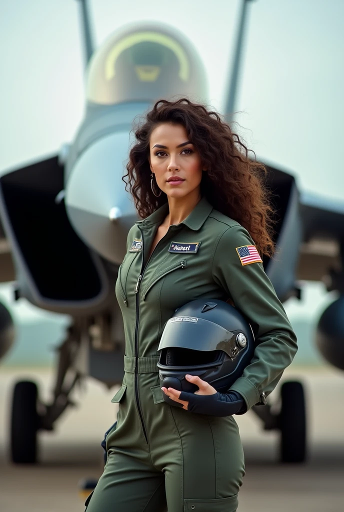 A female Eurofighter pilot is posing in front of the plane, a sexy woman with curly hair, holding the helmet in her hand, let it be a vertical photo, and it is a very realistic photo.