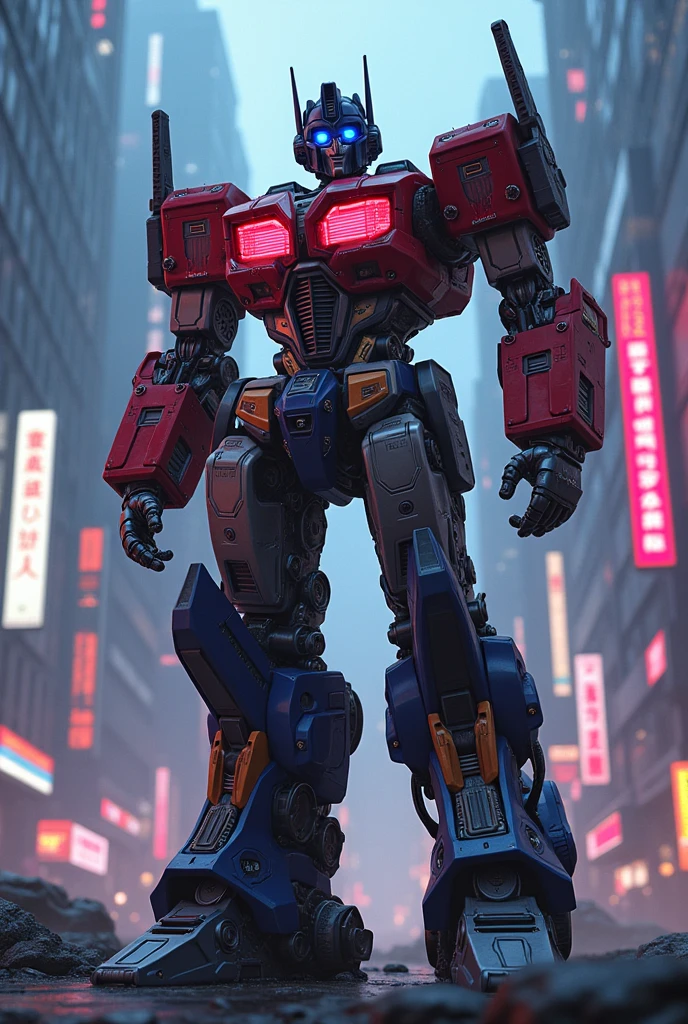 Optimus Prime, Rika Kawai, Bayverse, highly detailed, intricate mecha design, futuristic cyberpunk landscape, advanced technology, glowing neon lights, dramatic lighting, photorealistic, 8K, hyper-detailed, cinematic, sweeping camera angles, epic scale, dynamic poses, masterpiece