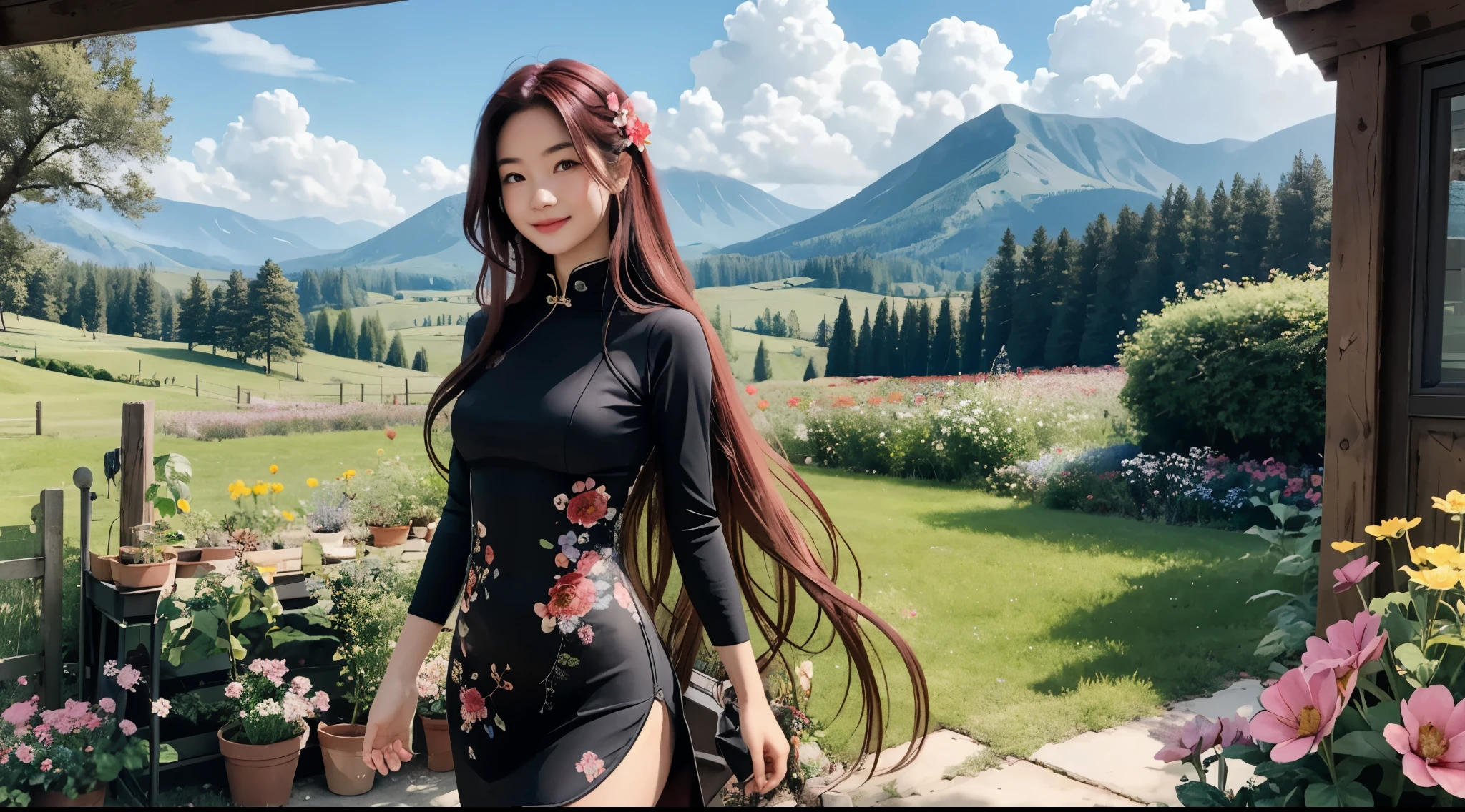 girl wearing qipao, BREAK, 1girl, standing, alluring, see-through (high collar qipau:1.2), intricate damask flower pattern, (very very long hair:1.4), middle-parted hair, thighs, v-lines, (13yo, cute), (breasts:1.2), detailed face, looking at viewer, red hair, vibrant flower, urban garden stall, detailed and intricate scene, variety flowers and vegetables plants in background with beautiful hilly meadows and small woods, mountains, butterfly,