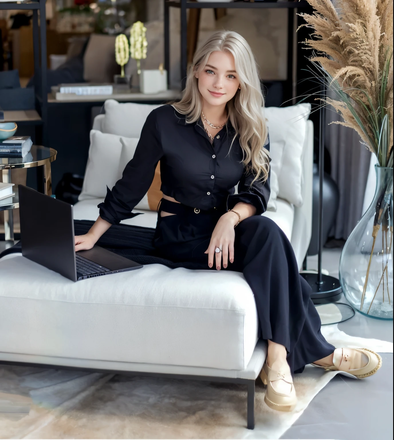 Face of a woman, americana, age 25, pale skin and freckles, grey-eyed, delicate nose, soft and delicate lips, Long Wavy Gray Blonde Hair, Sweet smile, cabelo solto e cheio