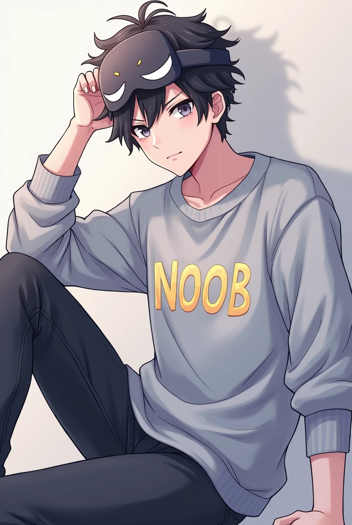 Make a male anime character who wears a sweatshirt with NOOB written on it and wears a custom mask with sleepy eyes