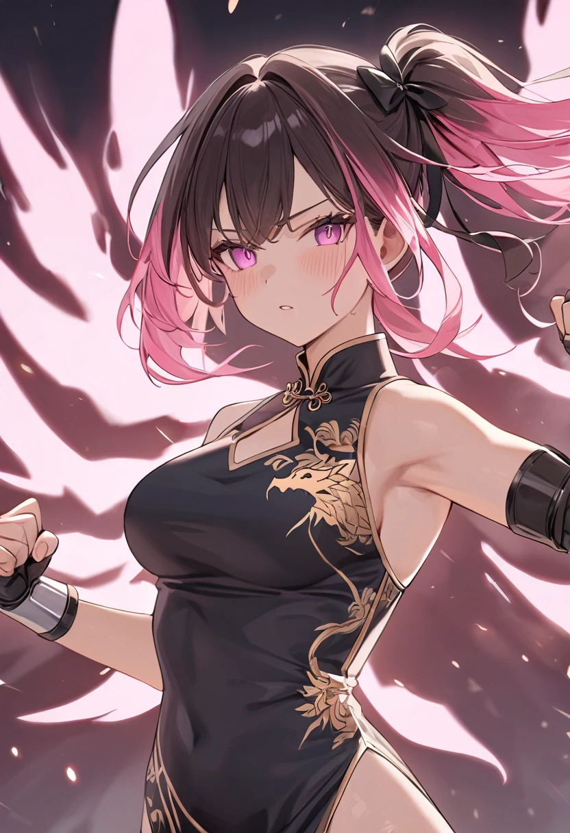 (masterpiece, top quality, very aesthetic, 4k、illustration), intricate detail, 1woman,solo,contrapposto 、Strong glowing eyes、,(upper body)、、(Martial artist),beautiful face、fingerless gloves、Clenched fist、、(fluorescence pink gradient hair)、fighting spirit、multicolored hair,hair ribbon,middle hair,sidelock ,レッド eyes、china dress、arm guards、Warrior、medium breasts、Slim 、