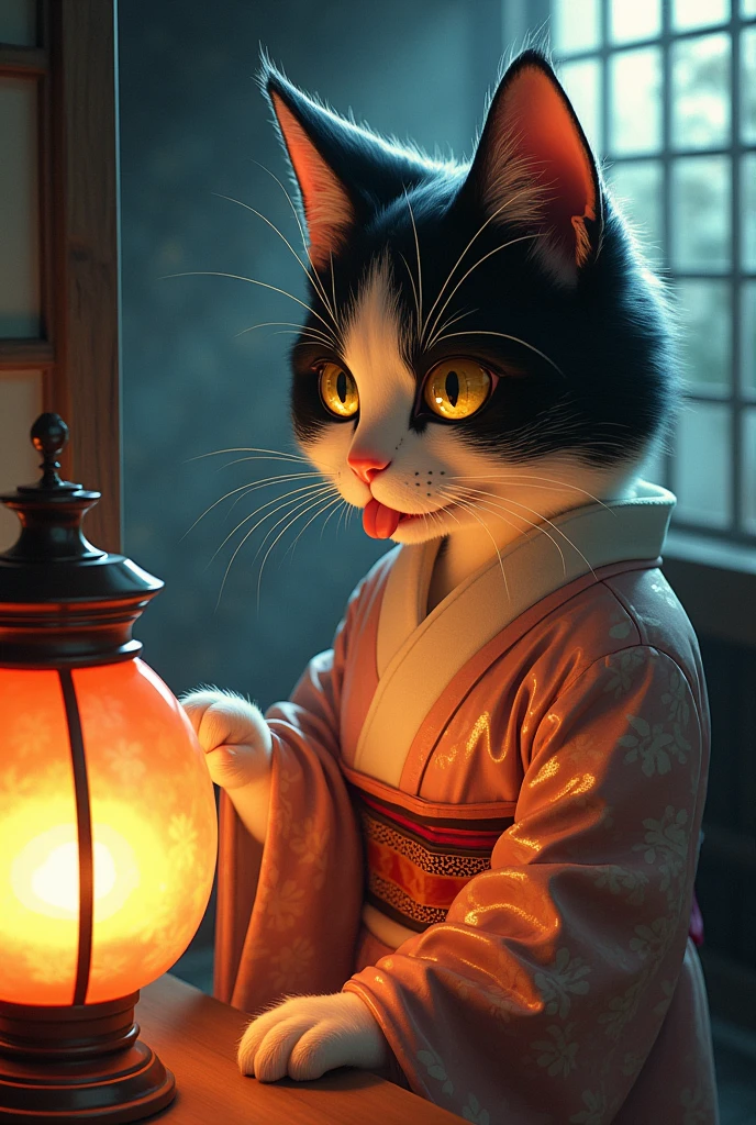 Japanese Yokai、Cat、Anthropomorphic female calico cat、Wearing traditional Japanese kimono、Sticking out tongue、Night after night, I lick the oil from the lantern、Traditional Japanese House、detailed fur texture、Very detailed、Ethereal、Shine、mysterious、Fantasy、Ukiyo-e style、Bright colors、Dramatic lighting、Digital Painting、8k、high quality