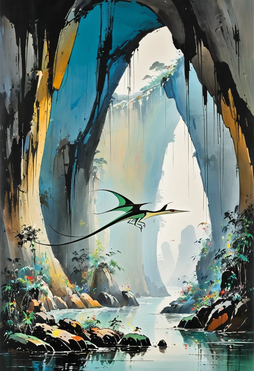 Wu Guanzhong painting, This painting depicts a beautiful pterosaur, Dancing in the cave, Completely in line with Wu Guanzhong's style, Combining traditional Chinese ink painting techniques with Western concepts, Use colors and lines to create unique visual effects.
