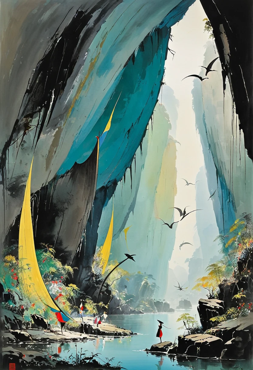 Wu Guanzhong painting, This painting depicts a beautiful pterosaur, Dancing in the cave, Completely in line with Wu Guanzhong&#39;s style, Combining traditional Chinese ink painting techniques with Western concepts, Use colors and lines to create unique visual effects.
