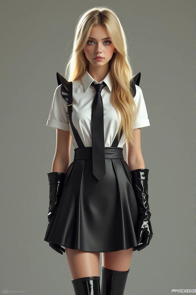 Beautiful 18 year old blonde in her school uniform with the shirt, tie and skirt, with a maid's apron on, elbow-length latex gloves and knee-length latex boots