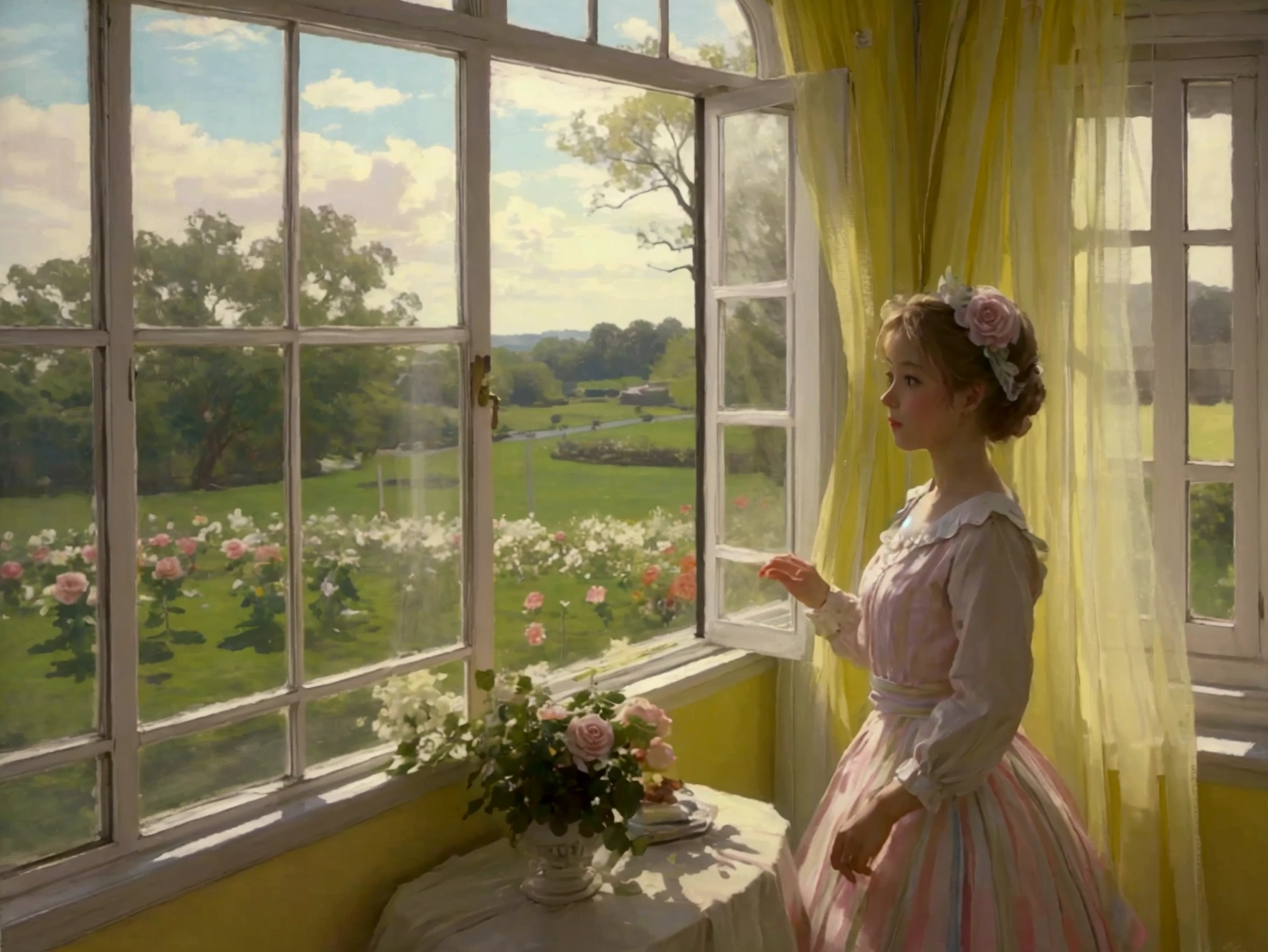 pastel colour　yellow　room　Rose garden outside the window　cute　　race　curtain　