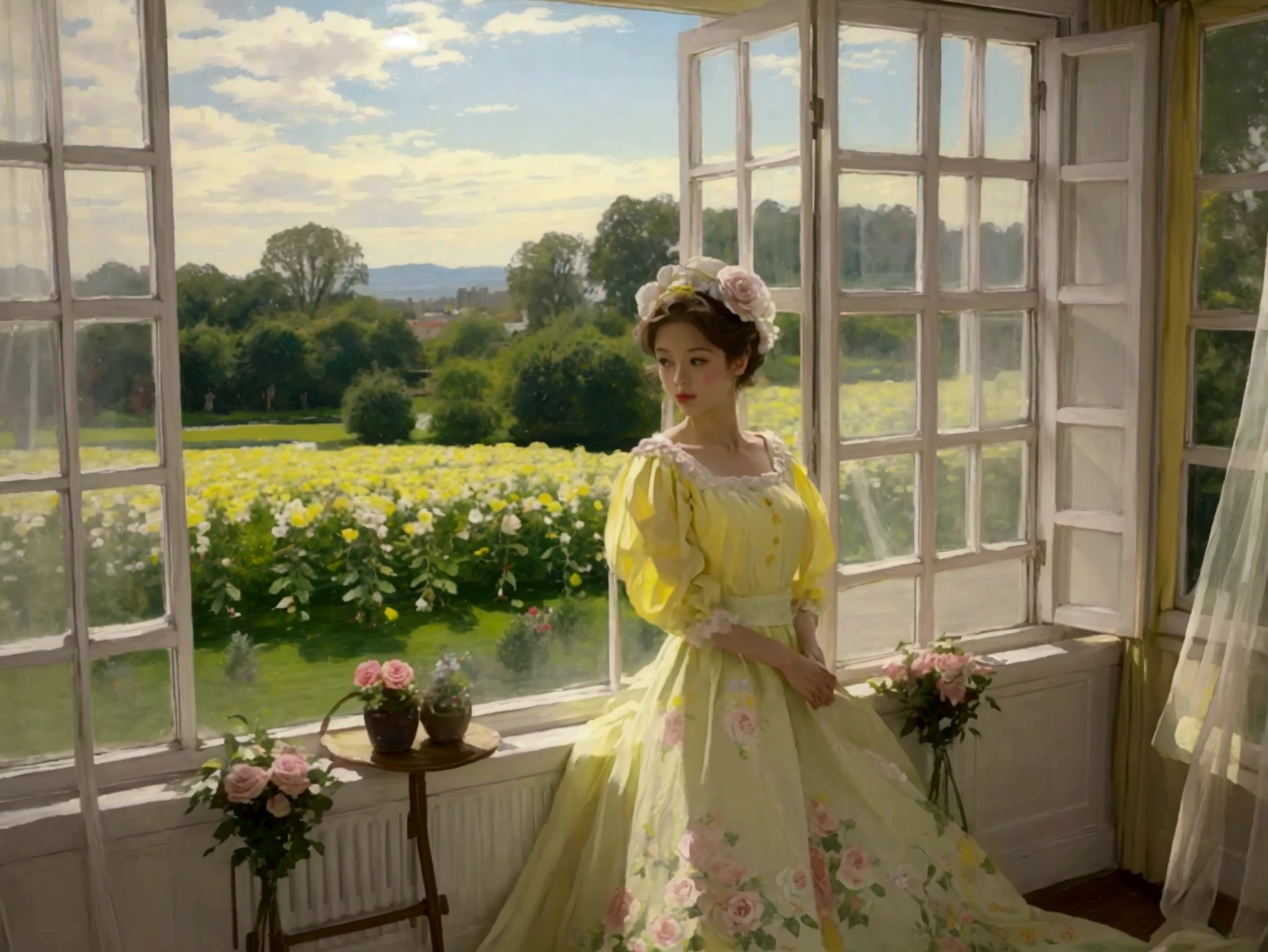 pastel colour yellow room Rose garden outside the window cute race curtain