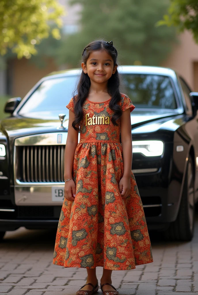 A  girl wearing a frock and his name was Fatima with a luxury rollce Royce and his name was printed on his frock and the 14 august car