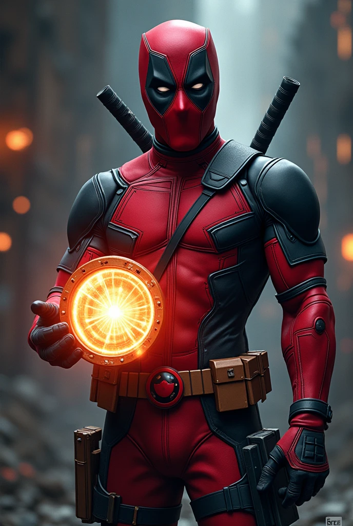 Deadpool holding arc reactor 