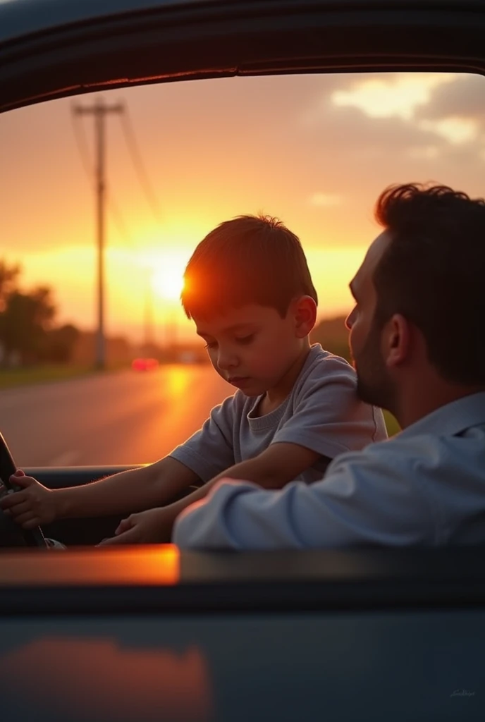 • An image that captures an authentic moment between father and son, like a father teaching his son to drive, or a loving scene of father and son in a car, with the Auto Posto Marecha logo subtly inserted. The background could be a road at sunset, symbolizing the journey of life, with a warm and nostalgic touch.