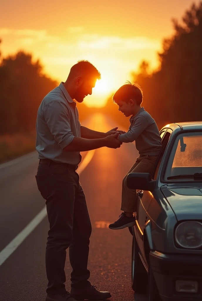 	• An image that captures an authentic moment between father and son, like a father teaching his son to drive, or a loving scene of father and son in a car, with the Auto Posto Marecha logo subtly inserted. The background could be a road at sunset, symbolizing the journey of life, with a warm and nostalgic touch.
