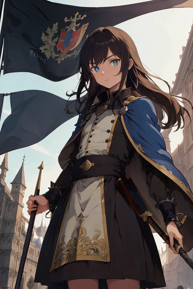 (Masterpiece), ((Highest Quality)),(Official Art),Dark cynicism:1.2),(1boy solo: 1.3), A 19 years old flagbearer man with chest-length hair, V-bangs, dark brown hair, blue eyes, clad in dark military uniform, holding a flag and a rapier. Detailed drawing. Detailed eyes. Masculine jaws. Detailed banners and flags. Soft fairytale picture Arthur Rackham style. Colorful, best detailed ((super detailed)), (highly detailed 2D anime man illustration), ((dark and beautiful))