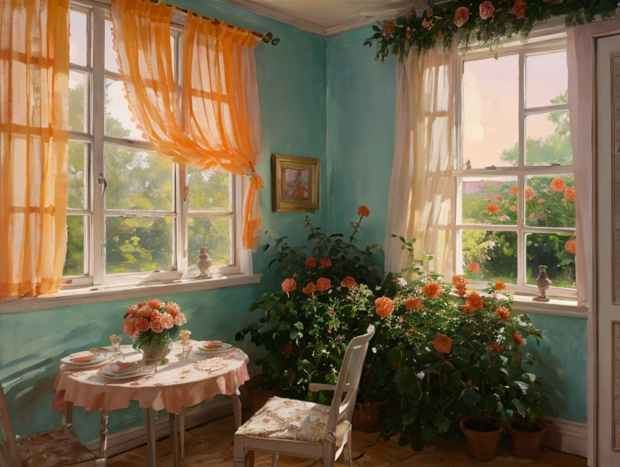 pastel colour　orange　room　Rose garden outside the window　cute　　race　curtain　