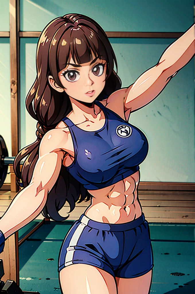 1 girl, (solo), ((amanogawaki)), best quality, highres, high quality, 8k, HD, super detail, anatomically correct, UHD, accurate, (masterpiece:1.0), (high quality:1.0), (ultra detailed), ((Adult:1.2)), Looking at viewer, wearing gym_outfit, inside gym, front view, taking a selfie, gym shorts, gym shirts, muscular, Navel, Abs