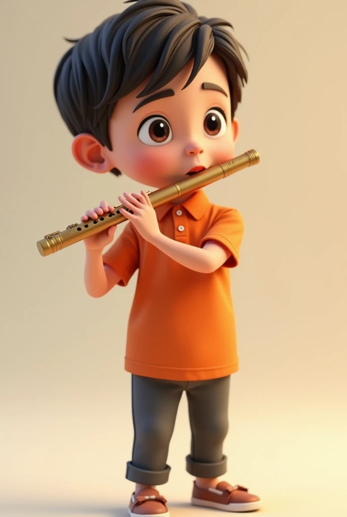 A boy about 10 years old wearing an orange polo shirt, playing a flute, standing slightly to the right. 3D, Animated, with legs, detailed face, asymmetrical 16k