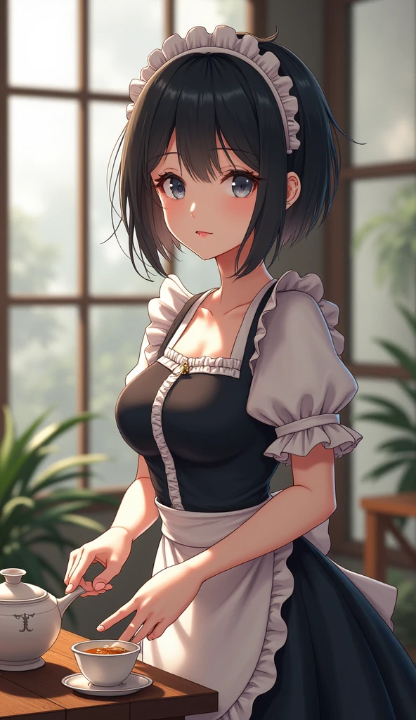 (8k, Photorealistic: 1.2, Raw photo: 1.2, Highest quality: 1.4),Japanese idol-style beautiful girl,model,1 person,18-year-old,(Short Bob),(Black Hair :1.1),She has her hair tucked behind her ears,Headband,Clear grey eyes,Long eyelashes,(piercings(small)),(Lip gloss),thin long neck,(Maid clothes(Frills,Puffy long skirt)),(layer),Western-style building terrace,Large window glass background,Preparing tea,Full body portrait
