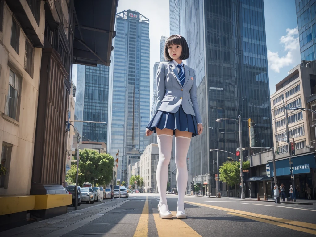 Super Giant Girl Art, Surreal school girl, twins, Highly detailed supergiant shot, Extremely huge woman, short hair, White Pantyhose, sit, Super huge schoolgirl, Much taller than a skyscraper, Very detailed depiction, Light blue blazer, Grey tie, Blue mini skirt, White Pantyhose, very small metropolis, Miniature metropolis, The building is as small as a grain of rice, 足元までの高さもない超Miniature metropolisで, Miniature metropolisを下にして, sit超巨大女子高生, Full body description, Hmph, Giga Giants, Terra Giants, White Pantyhose, Pantyhose legs, Pantyhose Legs, ,Stomping City,Crush City,Small Town,Micro City, On all fours, Crouching