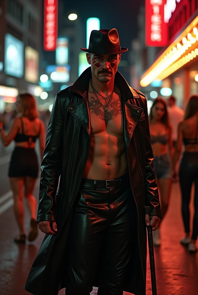 Tattooed male, man, shaved head, pointy mustache soul pach,(visinle, red glasgow smile scars, tožmy flanagen) toll, slim fith, long leather coat, leather pants no shirt, with a cain and bolers hat, black eye make up, summer night passing bi the club, lights make scars more visible, line of hot,girls waiting to get in