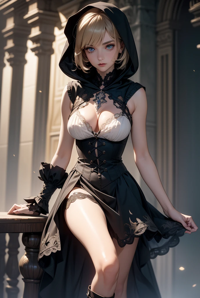 (((masterpiece, of the highest quality, super detailed))), (a witch belonging to an occult order of knights), (a knight crossed with a witch), Victorian era inspired, ((minimal but intricate beautiful armour)), Fluttering lace flared dress with frilly petticoats, ((nier automata meets bloodbourne)), (big forhead:1.2), (((dark hair))), (((Very sharp focused eyes))), very long eyelashes, occult aesthetic, (red and white clothing detailed and intricate steampunk and detailed gothic), (with a hood), complex lace boots,