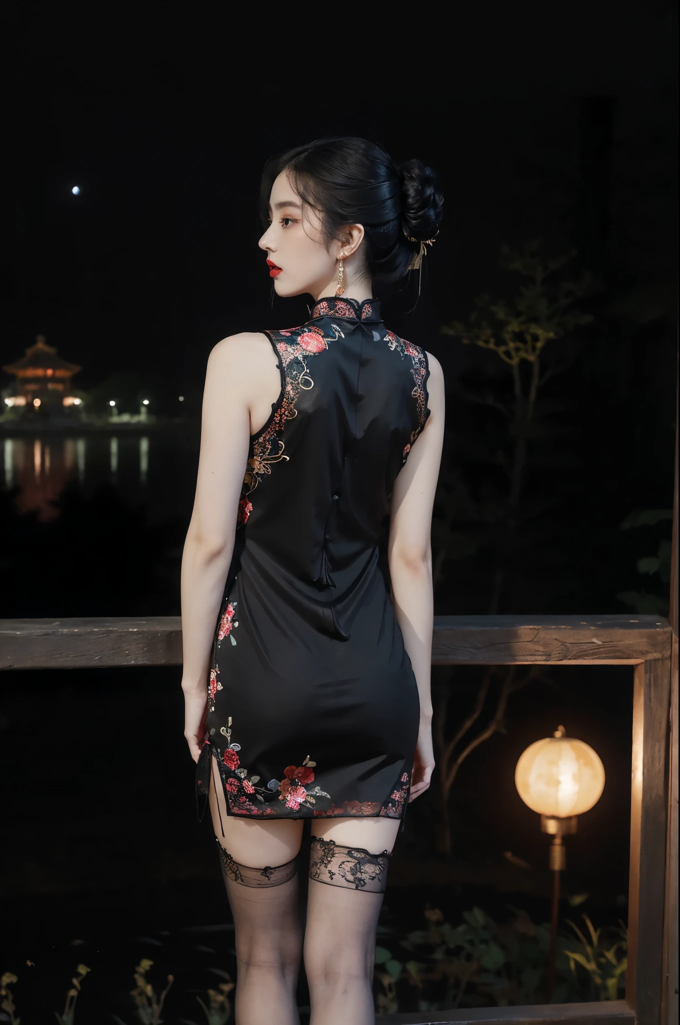 (((best quality))),(((ultra detailed))),(((masterpiece))),illustration,((1 beautiful girl,solo)),(bun hair:1.2),(Ghostly makeup:1.3),(fair skin:1.5),(red lips:1.2),(earrings:1.2),((slim,thin)),((bare back,towering hips,butt crack)),(black floral embroidered lace sleeveless cheongsam:1.5),(thigh loop:1.3),(stockings:1.3),(standing:1.3),(A huge moon in the sky:1.3),(moonlit Chinese garden courtyard:1.3),(Ghost Festival:1.3),(Ghostly flames are drifting in the air:1.3),elegant and sophisticated,intricate patterns,curves,dark color,striking visual appeal,ethereal,enchanting,ghostly black blossoms,swaying branches,stone pathways,moss,eerie shadows,ancient pavilion,intricate wooden structure,mystery and intrigue,cicadas chirping,auditory symphony,embodiment of the festival's spirit,bathed in the moon's glow,delicate features,raven-black hair,waterfall of darkness,moon's luminance,captivating allure,sleek fabric,clung to frame,accentuating curves,highlighting beauty,striking appearance,ethereal beauty,hauntingly beautiful scene,captured essence,blend of beauty and mystery,(night scene:1.3),((from back,upper body))