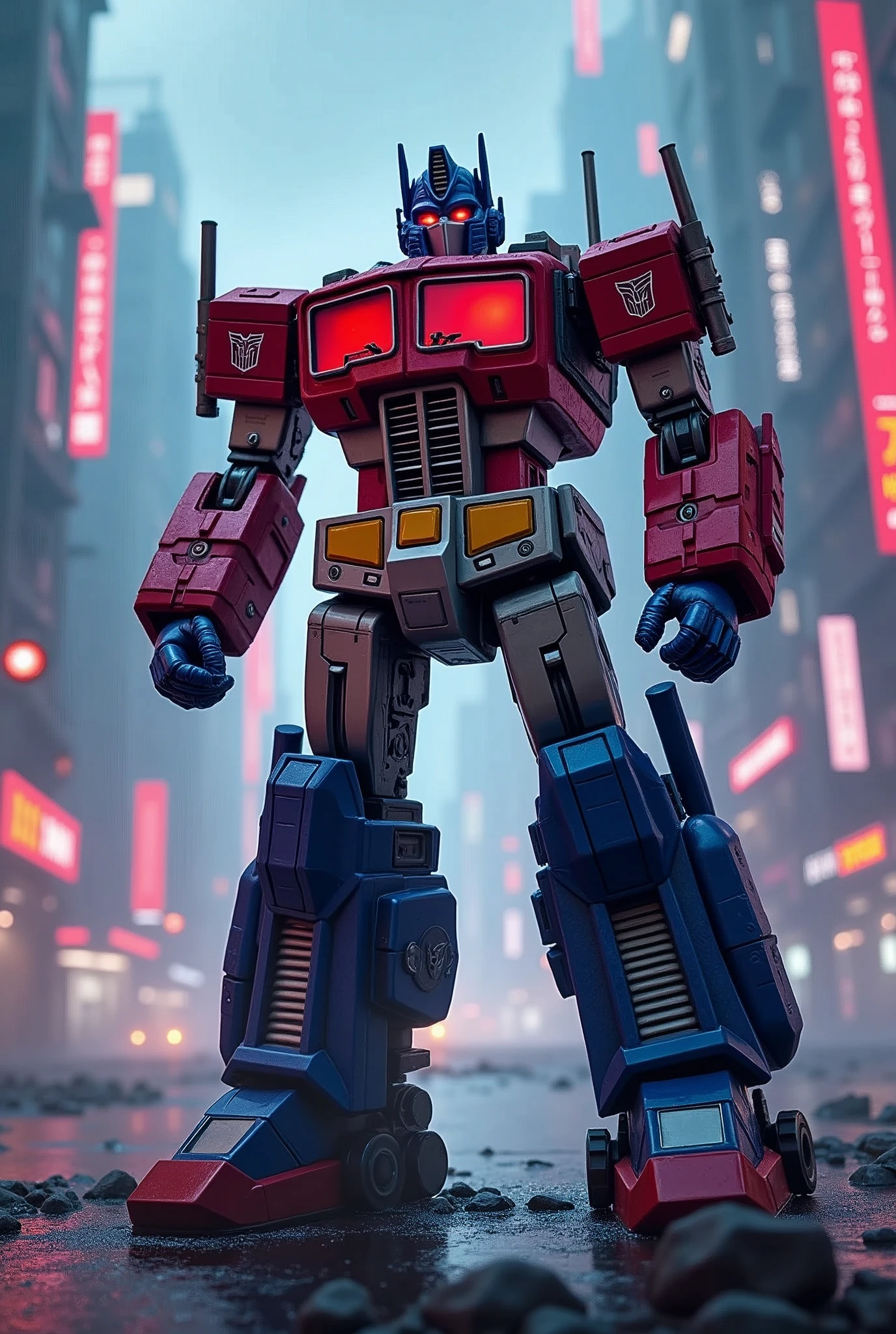 Optimus Prime, Rika Kawai, Bayverse, highly detailed, intricate mecha design, futuristic cyberpunk landscape, advanced technology, glowing neon lights, dramatic lighting, photorealistic, 8K, hyper-detailed, cinematic, sweeping camera angles, epic scale, dynamic poses, masterpiece