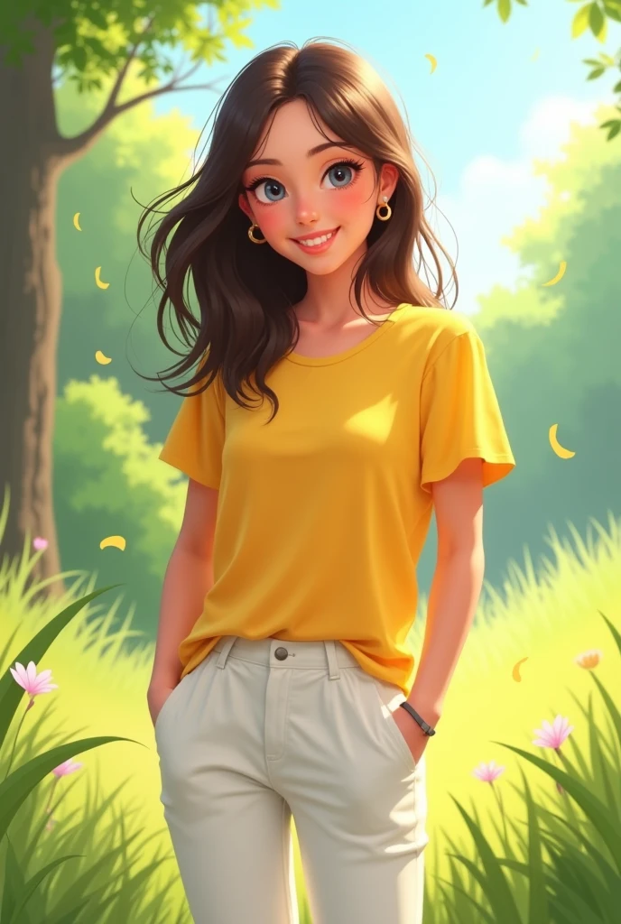 Girl standing yellow t shirt and white pant