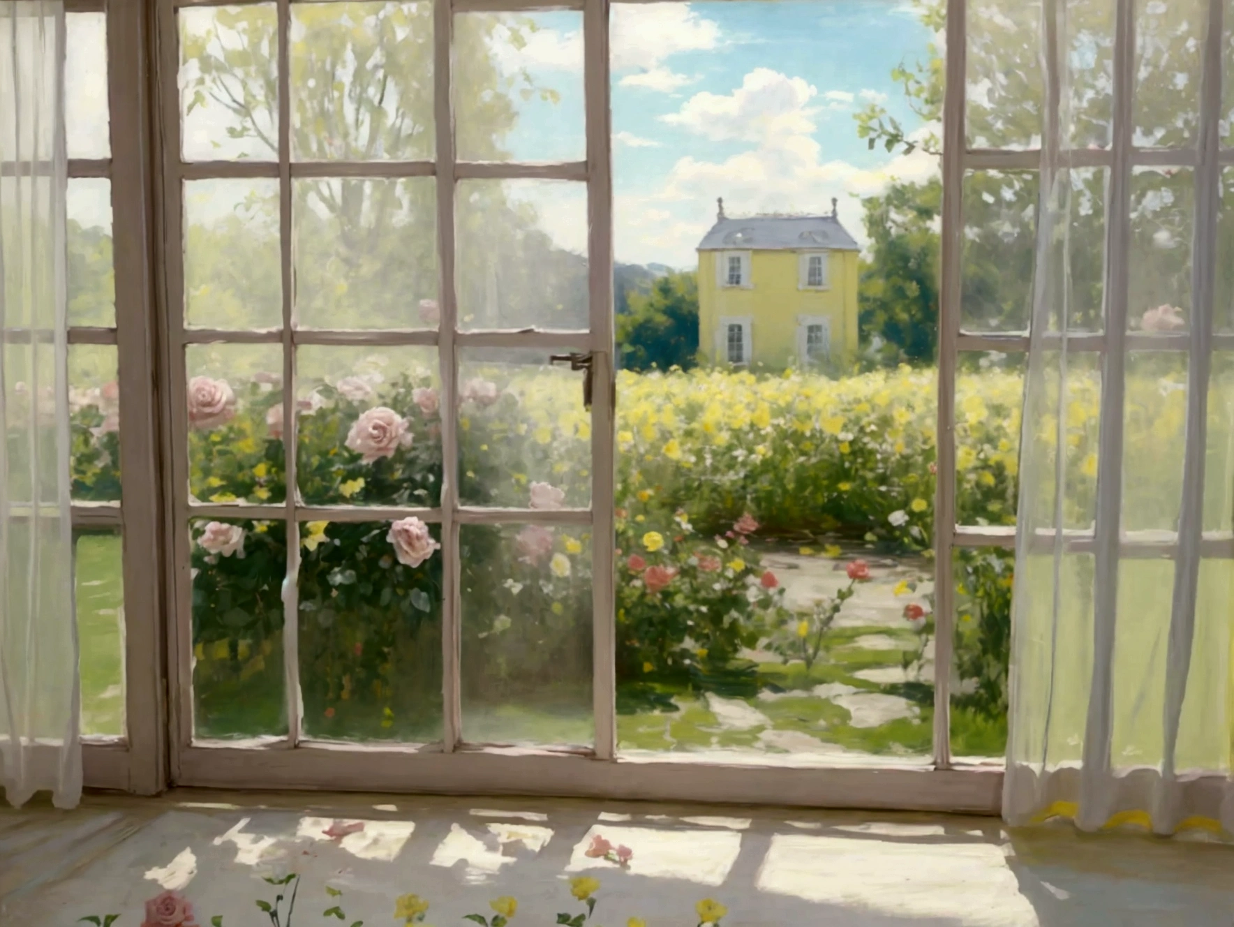 pastel colour yellow room Rose garden outside the window cute race curtain