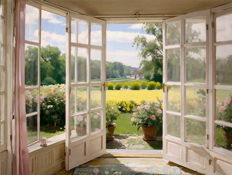 pastel colour yellow room Rose garden outside the window cute race curtain