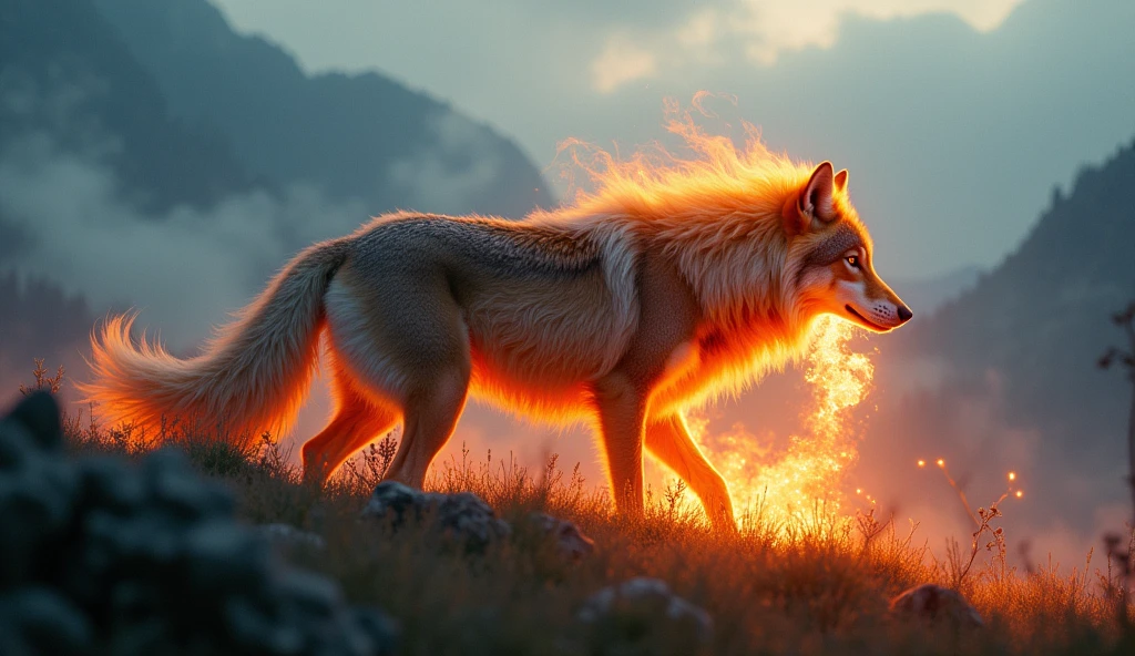 Fantasy photo of a mythical wolf with flowing, fiery fur, breathing out flames, full body framing, in a dramatic, misty mountainous landscape, with vibrant, surreal lighting creating a glowing effect, shot from a low angle, on a Sony A7R IV with a 24-70mm lens