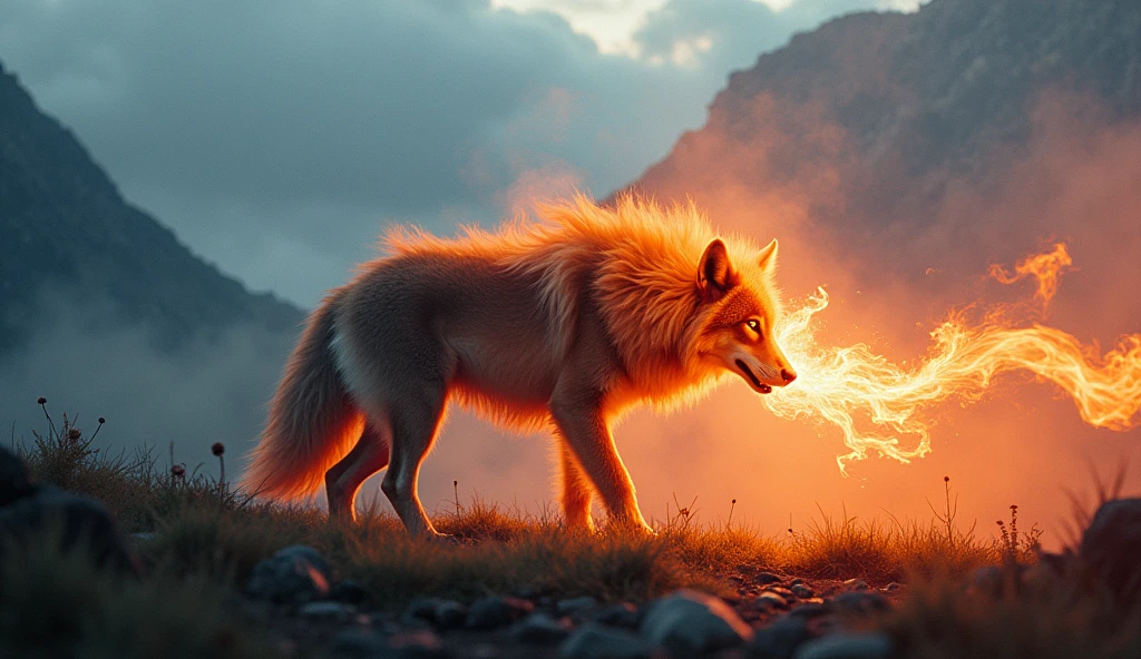 Fantasy photo of a mythical wolf with flowing, fiery fur, breathing out flames, full body framing, in a dramatic, misty mountainous landscape, with vibrant, surreal lighting creating a glowing effect, shot from a low angle, on a Sony A7R IV with a 24-70mm lens