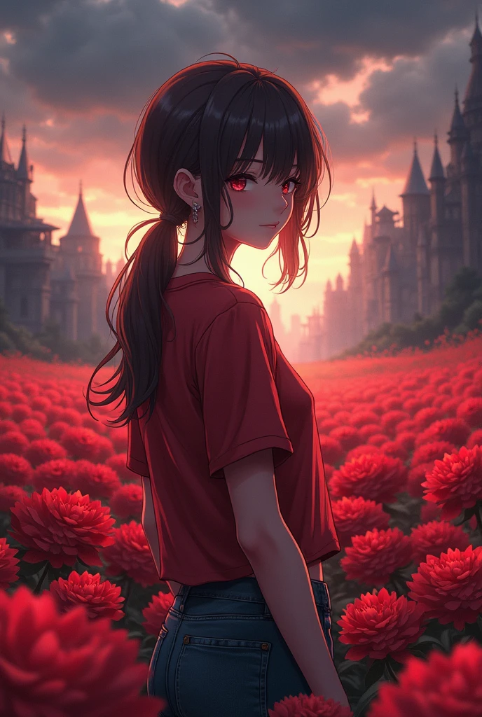 Amidst a field of vibrant red flowers, an anime girl stands with an air of casual confidence. Her sharp features and model-like face catch the light , emphasizing her allure. She wears fitting shirt in casual manner , and her amazing chest adds to her striking appearance. The backdrop is a beautiful, mysterious landscape, perhaps a forgotten city, with dark clouds overhead and an otherworldly glow.
she standing a moldiest way showing her front

