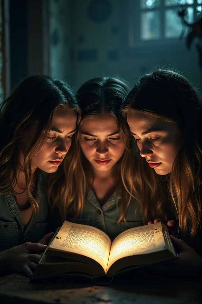 The three friends, terrified but determined, flipping through the old diary in the dark, searching for a way to escape the haunted mansion.