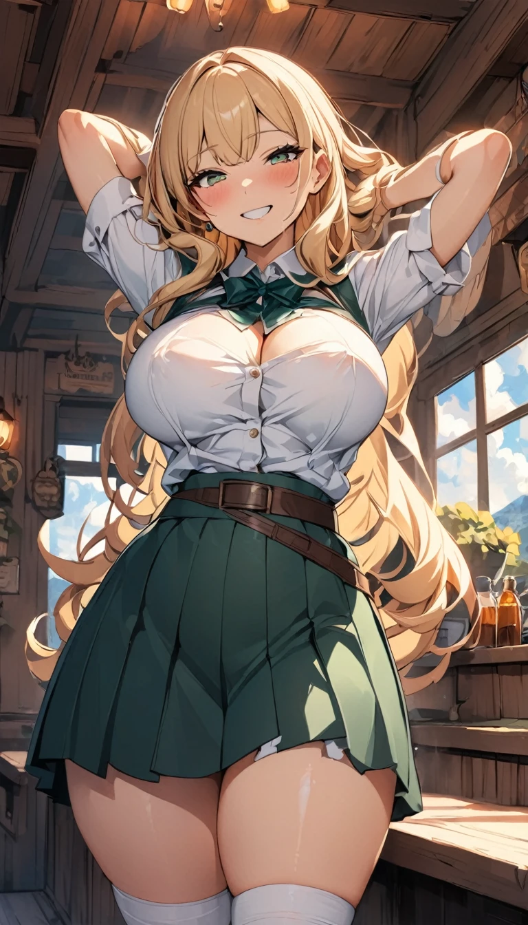 (masterpiece), best quality, anime, tavern background, 1girl, adult, BREAK: blonde hair, long, straight, gold eyes, BREAK: smile, slight blush, BREAK: hands and arms behind, look at viewer, BREAK: lean over viewer, BREAK: curvy body, F-cup breasts, thick thighs, BREAK: green outfit over white shirt, leather waist belt, BREAK: fantasy, medieval era artstyle, orange sunset, BREAK: near window, 