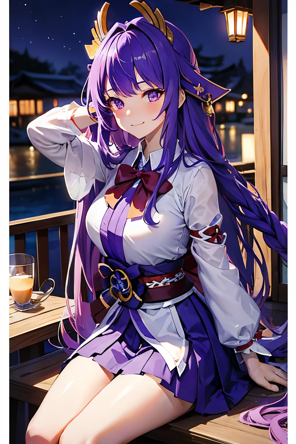 (8k, RAW photo, best quality, masterpiece: 1.2), ultra-detailed, 1 girl, (2heads: 1.5), yae miko character, raiden_shogun character, cute, solo, beautiful detailed sky, detailed coffee, night, sitting, (flushed nose), (smile: 1.1), (mouth closed), beautiful detailed eyes, (collared shirt: 1.1), bow tie, pleated skirt, long pink hair, long purple hair