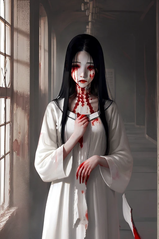 Yandere girl bleeding from the eyes, Detailed eyes and face, Long eyelashes, Intensely anxious expression, Long flowing black hair, Wearing a white dress, Standing in a dimly lit room. Moderate: Dark Horror Art. Further details: Sharp focus, Spooky atmosphere, Blood splatters on the walls, There's a knife in her hand. Highest quality, Very detailed, Realistic rendering. tone: Dark and gloomy. Lighting: Dramatic shadows and dim lighting, create an ominous atmosphere.