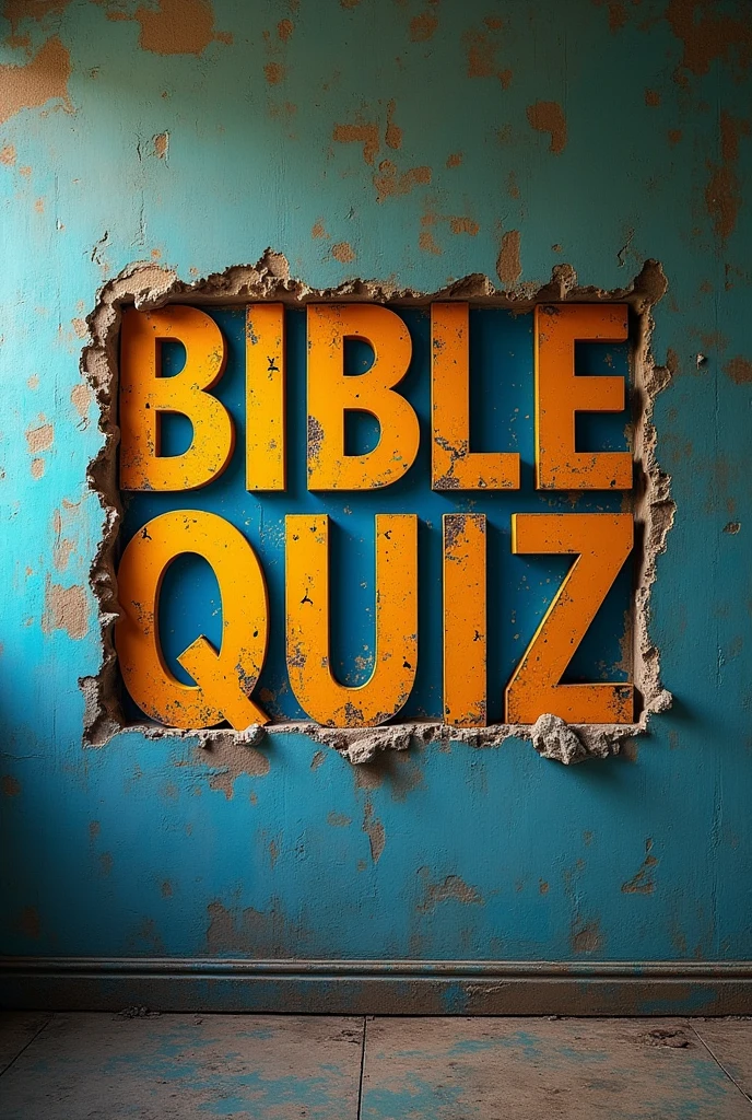 A poster on a deserted outside wall, Cut in letter format, (text:"Bible Quiz") the word, Big Bold, Draw inside the cutout, BREAK Art that inspires creators to create images, An aesthetic world that unfolds behind the characters, Add text to the bottom of the screen, (text:"Break the barriers of creativity!")