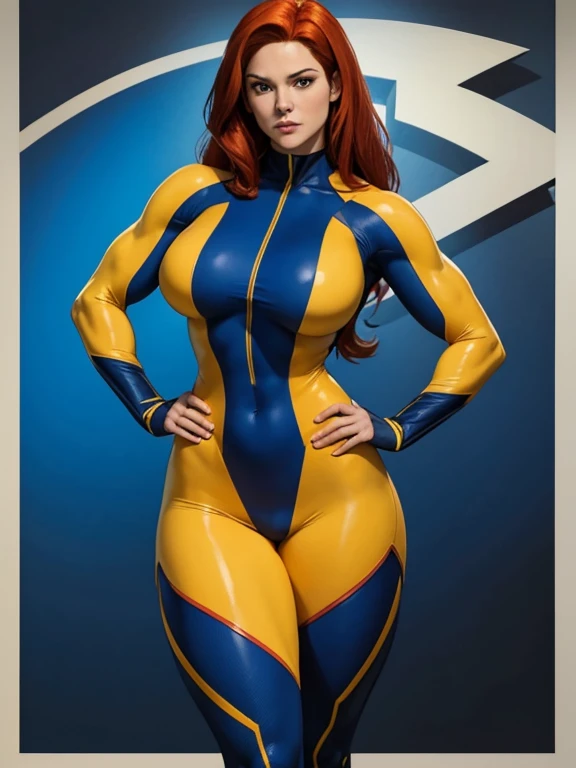 "Jean Grey standing confidently in a tight X-Men uniform, her athletic build and curvaceous figure highlighted by the form-fitting suit. The yellow and blue suit accentuates her narrow waist and strong legs, detailed tight ass, while her flowing red hair adds a dynamic touch."