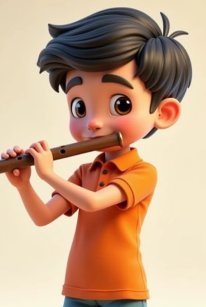 A boy about 12 years old wearing an orange polo shirt, playing a flute, standing slightly to the right. 3D, Animated, with legs, detailed face, asymmetrical 16k