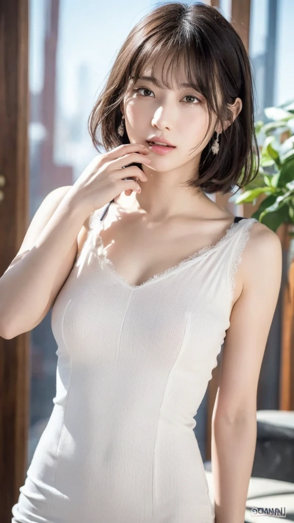 (8k, RAW Photos, Highest quality, masterpiece: 1.2), Very detailedな, Super Resolution, (Genuine, Genuine photos: 1.37), High-resolution RAW color photos, Professional photos, とても細かくて美Shii, Very detailed, 8k wallpapers, Amazing details, Large file size, Official Art, Very detailed CG Unity 8k wallpapers, Very detailed beautiful girls, Very detailed faces, Very detailed目, Very detailed肌, Very elaborate fingers, Very detailed鼻, Very sophisticated mouth, Perfect ???????, Detailed Background, Detailed clothing, One Girl, (20:1.2), 20th Generation, cute Girl, Realistic body, , White skin, Glowing Skin, the body is slim, Black Hair, short hair, (Blunt bangs: 1.2), cute, like々Shii, かわいらShii顔, Realistic Face, Delicate eyes, Sale Eyes, ( (Stylish white dress)), ((Excellent)) Earrings, Looking into the camera, positive, Standing position, traitor, Dynamic Lighting, C cup breasts,close, Dutch Angle, 