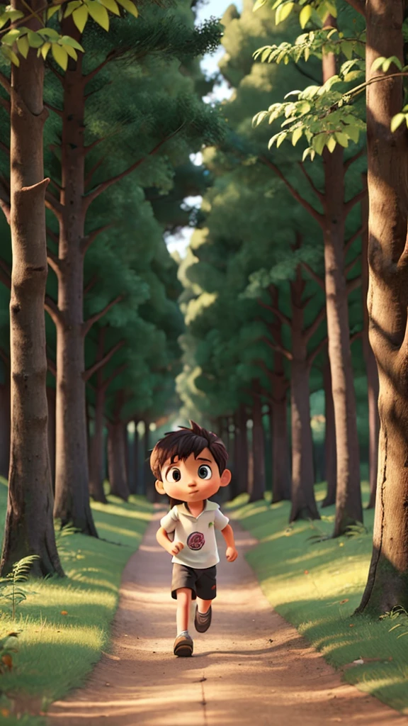 A child running out of the forest towards the village