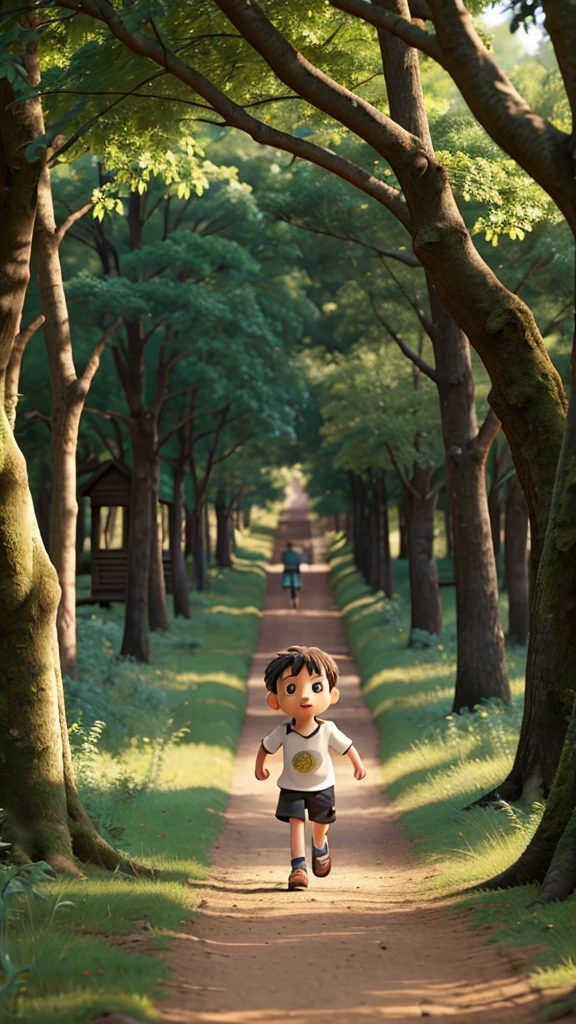 A child running out of the forest towards the village