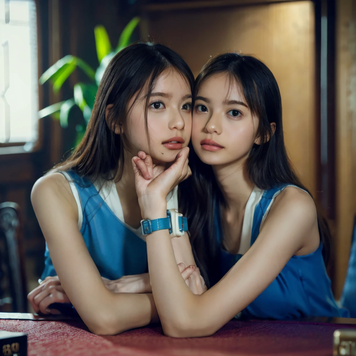 (Two Chinese stars of royal sister style,duo,caress,kiss), ((Highest quality, 8k, Tabletop: 1.3)), concentrated: 1.2, Perfect Body Beauty: 1.4 , (Interesting Expressions), (City of night: 1.3), Highly detailed face and skin texture, Beautiful Eyes, double eyelid, Skin whitening, (Air Van: 1.3), (Round your face: 1.5), (Thin strap top: 1.4),