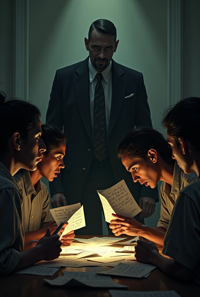 Notes of Desperation: Show frightened members secretly passing notes to the delegation, begging for help to escape. Jim Jones watches ominously in the background, his figure dark and imposing.