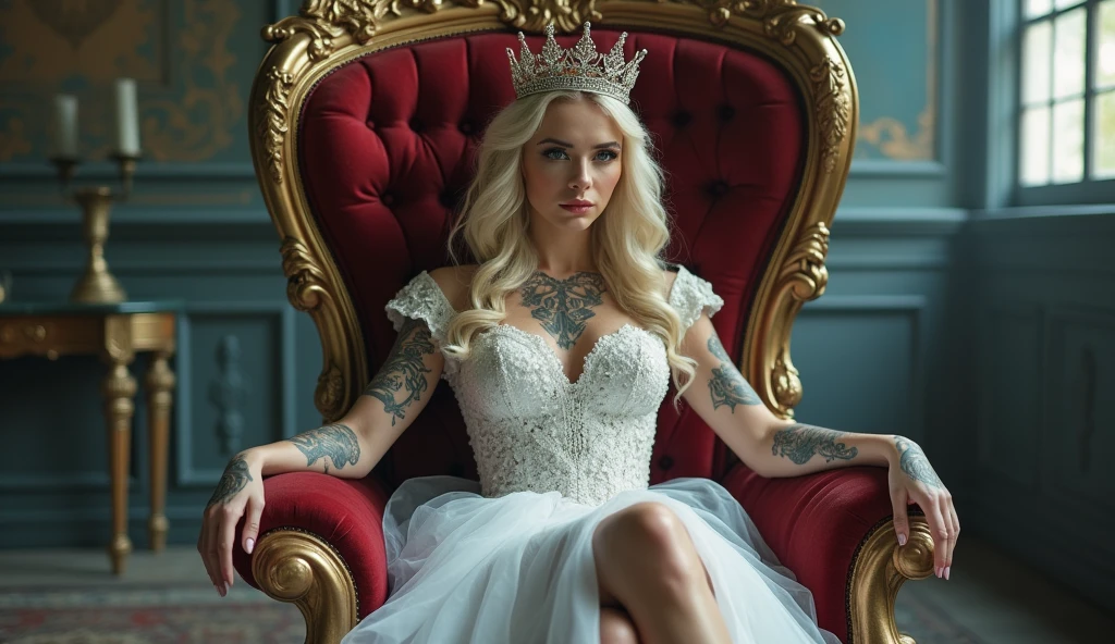 beautiful youn girl,4k,ultra detailed,tattoo,smoke,expressive beautiful,younger,tattoo,wearing fantasy white dress, wearing fantasy white high heels,sitting on the throne,crossed legs,sexy,make-up,ultra wide,shiny skin,reflections,crown,blonde hair